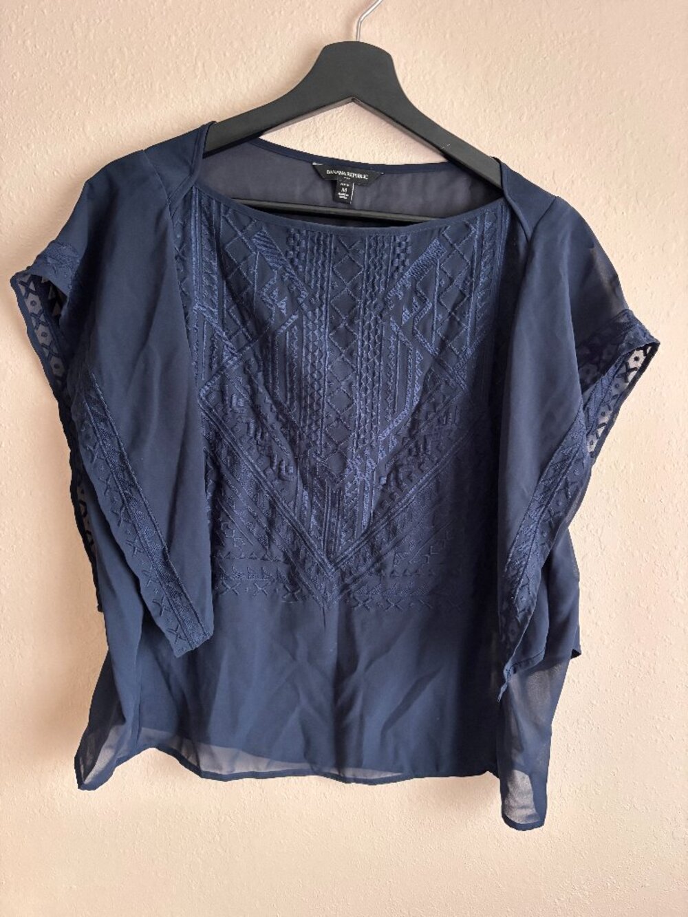 Banana Republic Sheer Navy Embroidered Blouse
